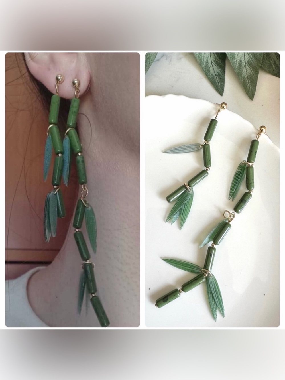 2/$30🌵 Bamboo Asymmetrical Earrings Bamboo Plant Leaves Fringe Asian Vibes NEW